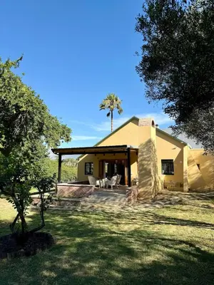 a yellow house with a palm tree in the background at Sevilo Farmhouse in Stellenbosch