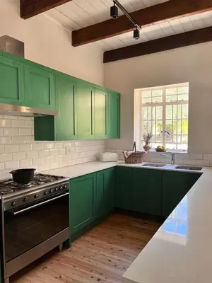 a green kitchen with a stove and a sink at Sevilo Farmhouse in Stellenbosch