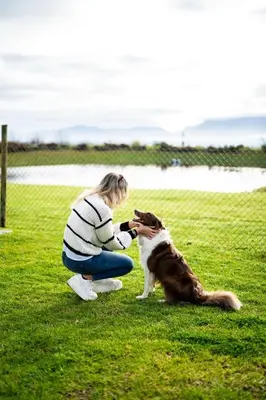 a woman is petting a dog in a field at LEO Sky Farm Cottages in Simondium