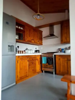 a kitchen with wooden cabinets and a white refrigerator at Alibi at the Sea in Bettyʼs Bay