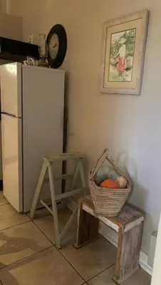 a kitchen with a basket of fruit next to a refrigerator at Dottie's charming cottage two bedroom apartment and workspace in Paarl