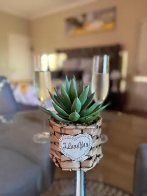 a plant in a basket on a table with two wine glasses at Cape Golf Villa in Cape Town