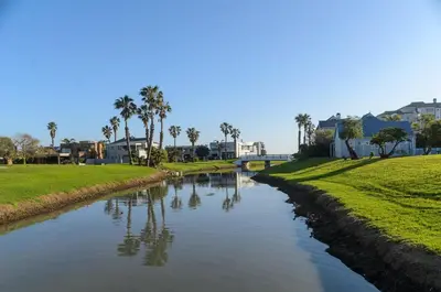 a river with palm trees and buildings in the background at Charming Self-catering Apartment in Gordonʼs Bay