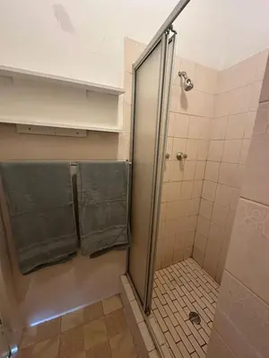 a shower with a glass door and towels in a bathroom at Suite Dreams Spacious Apartment in Panorama