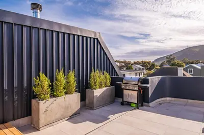 a patio with two potted plants and a grill at Whale Melody Love Hermanus in Hermanus