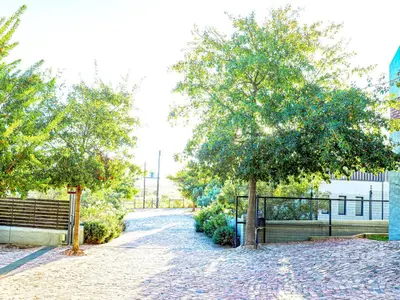 a cobblestone street with two trees and a bench at Gilgal Guest Accommodation in Onder-Papegaaiberg