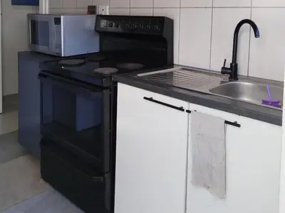 a kitchen with a black stove and a microwave at Eneco Lodge in Cape Town