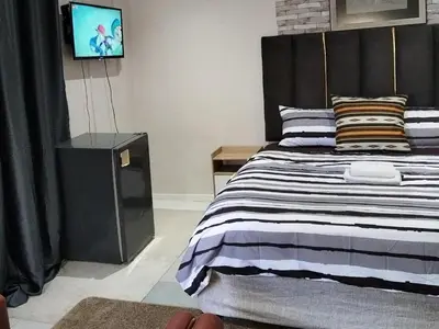 a bedroom with a bed with a black headboard at Eneco Lodge in Cape Town