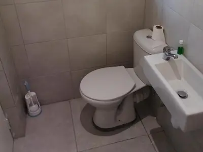 a bathroom with a white toilet and a sink at Eneco Lodge in Cape Town