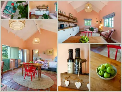 a collage of pictures of a kitchen and a room at Cripps Cottage, Cheverells Farm in Ouda Brug