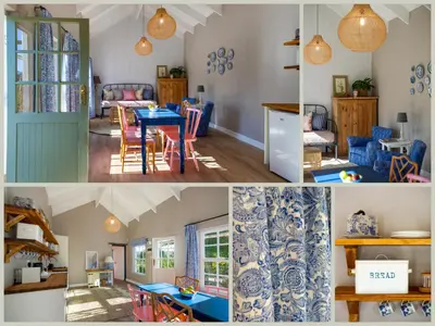 a collage of pictures of a living room and a kitchen at Crabapple Cottage, Cheverells Farm in Ouda Brug