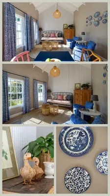 a collage of four pictures of a living room at Crabapple Cottage, Cheverells Farm in Ouda Brug