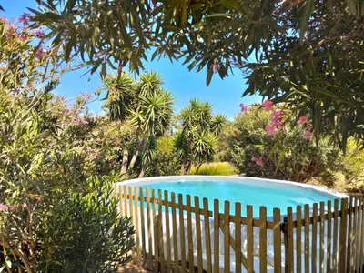 a swimming pool in a garden with a fence at Into the Sunset Manor in Gordonʼs Bay