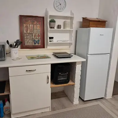 a kitchen with a white refrigerator and a stove at Vermont Garden Cottage in Hermanus
