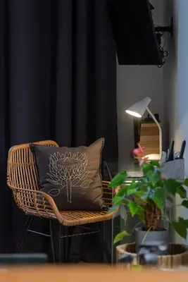 a wicker chair with a pillow with a tree on it at Arch Window garden apartment in Stellenbosch