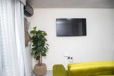 a living room with a green couch and a tv at Optimum Stay Self Catering Accommodation - Junior Suite in Parow
