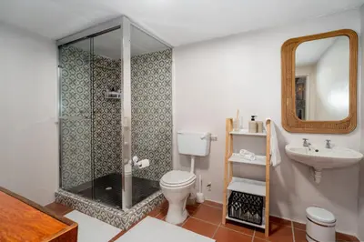 a bathroom with a shower and a toilet and a sink at Grietjiesdrif- Mountain Retreat in Rawsonville