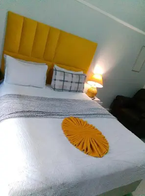 a bedroom with a large bed with a yellow headboard at Neo & Ruks Guest house parow 1 in Avondale