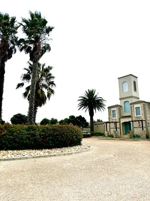 a house with palm trees in front of a driveway at Spanish Charm in the Heart of Century City Stylish Stay Near Canal Walk! in Cape Town