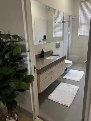 a bathroom with a sink and a toilet and a mirror at Suite Vos in Hermanus