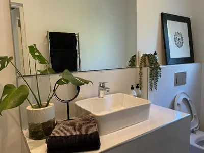 a bathroom with a white sink and a mirror at Stellenbosch Rozendal Apartment in Stellenbosch