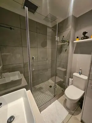 a bathroom with a shower and a toilet and a sink at At Leisure Apartment 2 in Stellenbosch