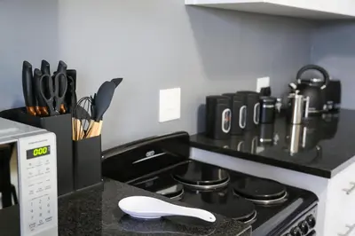 a kitchen with a stove and a counter with utensils at Schutterend in Nieuwe Drift