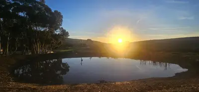 a sunset over a pond with the sun setting at Hoopoe Cottage Horns op de Hoek in Hartebeest Rivier
