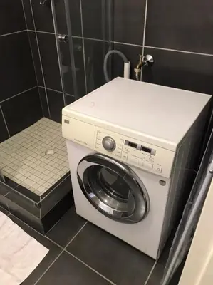 a washer and dryer in a bathroom at Sunny Spacious Stellenbosch 3 bed garden apartment in Stellenbosch