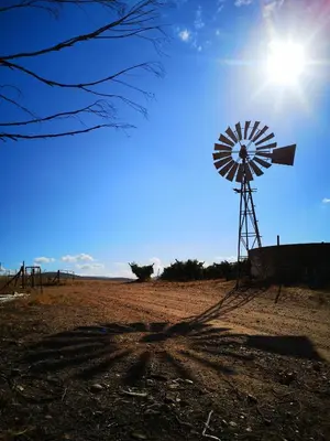 a windmill in the middle of a field with the sun at Blouporselein guestfarm cabin in Hermon