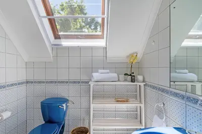 a bathroom with a blue toilet and a mirror at The Manor at Mont Angelis Estate in Stellenbosch