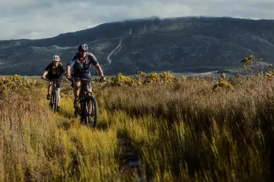 two people riding bikes down a grassy hill at Glen Oakes Farm Stay in Hartebeest Rivier