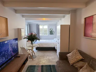 a living room with a couch and a television at Secure & Central, Modern Flatlet in Cape Town
