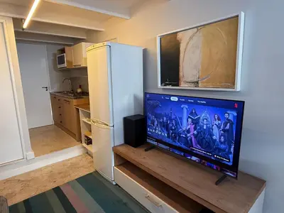 a living room with a television and a refrigerator at Secure & Central, Modern Flatlet in Cape Town