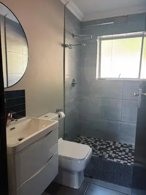 a bathroom with a toilet and a sink and a shower at Pool & Garden Winelands Retreat in Stellenbosch
