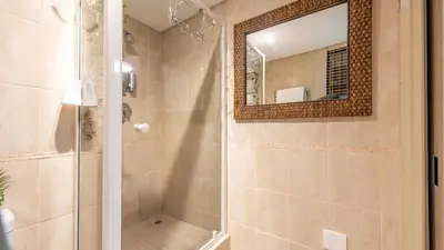 a bathroom with a shower and a mirror at The Mustard Seed in Stellenbosch