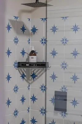 a bathroom with blue stars on the wall at Belle Apartment in Hermanus
