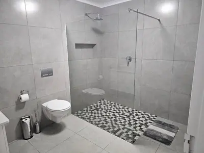 a bathroom with a shower and a toilet at Evert's Home in Bellville