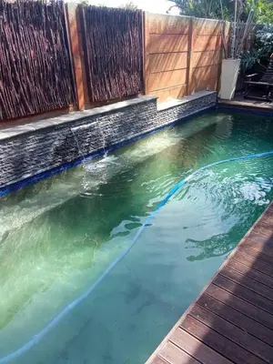 a swimming pool with green water and a wooden fence at Schubert Self Catering Accomodation in Brackenfell