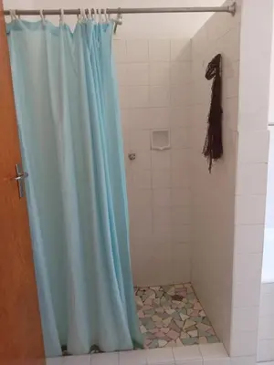 a shower with a blue shower curtain in a bathroom at Beyond Expectation in Avondale