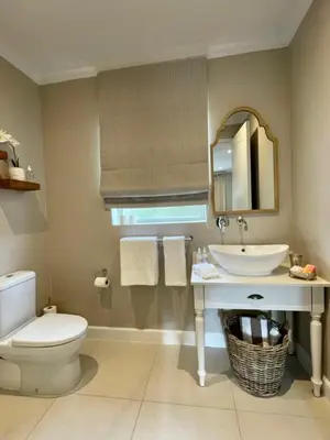 a bathroom with a sink and a toilet and a mirror at Villa Mignon in Franschhoek
