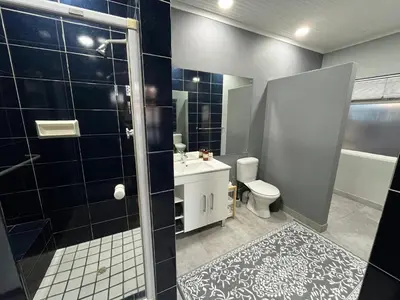 a bathroom with a shower and a toilet and a sink at Queens Corner in Wellington
