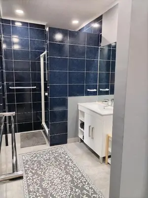a bathroom with a sink and a shower with blue tiles at Queens Corner in Wellington