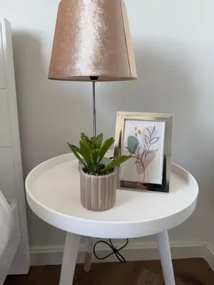 a table with a lamp and a plant on it at Luxe 1br apartment on Park in Cape Town