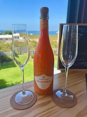 a bottle of wine and two glasses on a table at Pebbles & Shells in Kleinmond