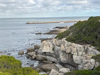 a rocky shoreline with a boat in the water at Hermanus Hartshuis in Hermanus