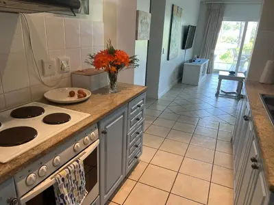a kitchen with a counter with a vase of flowers at Golfers delight in Hermanus