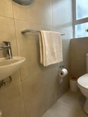 a bathroom with a sink and a toilet and a towel at Immaculate,Alttrative &Modern 6 minutes away from the beach in Cape Town