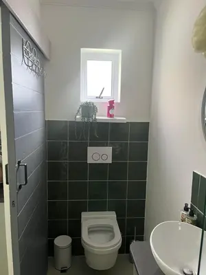 a bathroom with a toilet and a sink at carol close1 small apartment in Eversdal