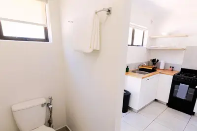 a small kitchen with a toilet and a sink at Vineyard Flatlets at 13 Olives Estate in Cape Town